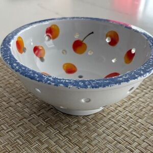 Anthropologie Cherry Motif Ceramic Bowl with Blue Edge